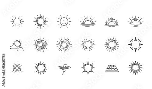 Editable sun icons vector set with sunrise, sunset, solar, and decorative sun illustrations
