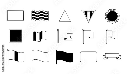 Editable flat flag icons set with rectangle, wavy, pennant, badge, and ribbon shapes