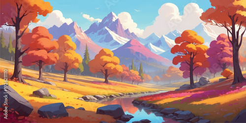 Autumn Mountain Landscape Illustration with Colorful Fall Trees, Flowing Stream, Rocky Path, Snowy Peaks and Scenic Nature Valley Background Design.