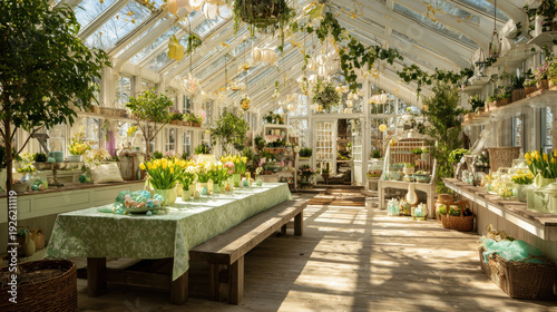 Sunlit greenhouse interior decorated for Easter with fresh yellow tulips, pastel eggs, rustic wooden tables, and lush greenery creating a warm spring celebration atmosphere.