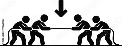 Four individuals engaged in a tug of war with a downward arrow indicating a stalemate