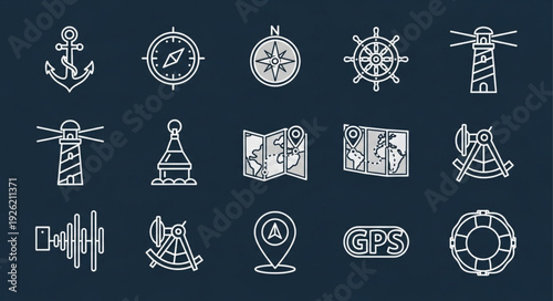 Nautical navigation equipment and maritime symbols in white outline on dark background.