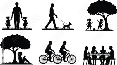 Black silhouettes set featuring family walking, man walking dog, children playing ball, woman reading under tree, cyclists, and group dining outdoors.