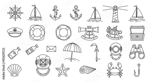 Collection of nautical and marine themed illustrations and drawings.