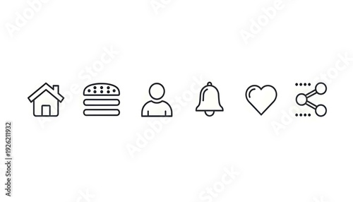 Simple line icons representing home, layered documents, user profile, notification bell, love heart, and scissors in a modern flat design style on a clean background viewed from directly above