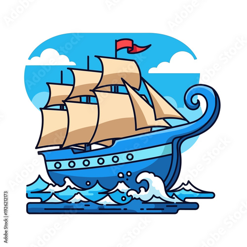 Vintage Sailing Ship Illustration on Blue Ocean Waves
