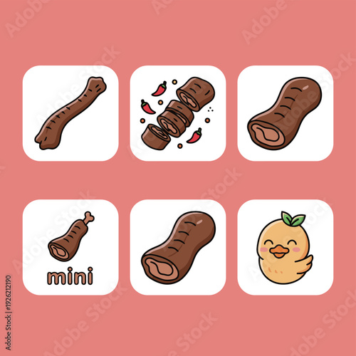 Assorted meat rolls and grilled sausage icons set including spicy sliced pieces and cute chick character in playful cartoon style for butchery or bbq restaurant