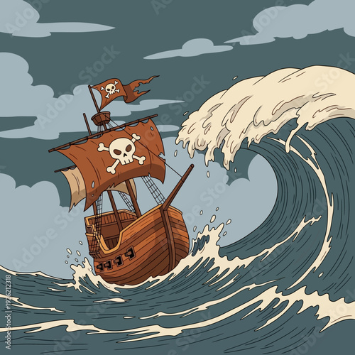 Pirate ship battling giant wave, cartoon style illustration