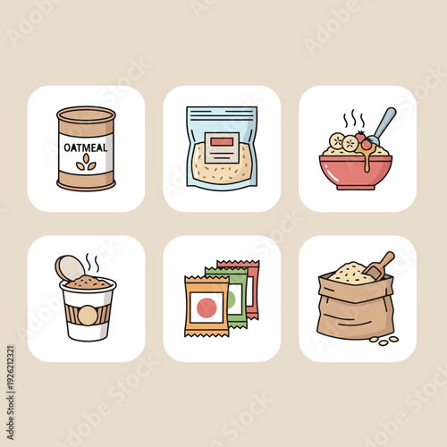 Healthy oatmeal breakfast icons set including cereal boxes instant cups porridge bowls with fruit toppings and raw grain sacks for nutrition and wellness