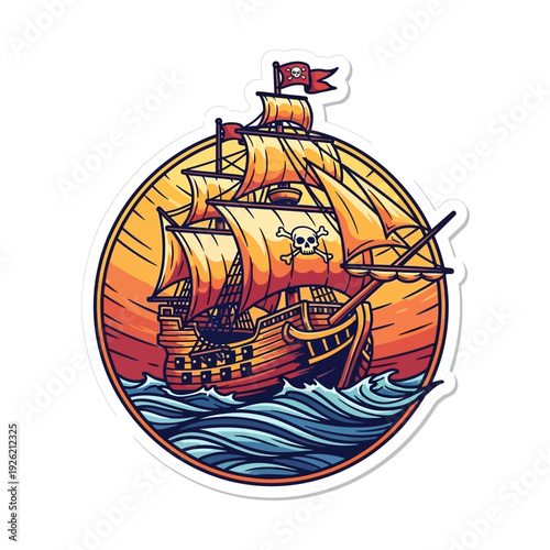 Pirate Ship Sailing at Sunset with Jolly Roger Flag