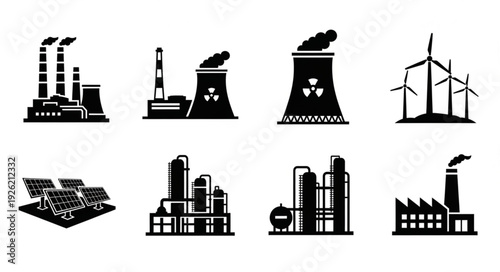 Diverse collection of industrial power plants and renewable energy sources in silhouette.