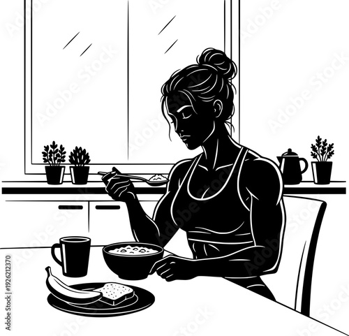 Athletic woman eating a healthy meal in the kitchen. Black and white vector illustration of a fit female character having breakfast with oats and fruit.
