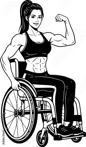 Strong woman in a wheelchair showing her bicep. Black and white vector illustration of a determined para-athlete celebrating her strength and disability.