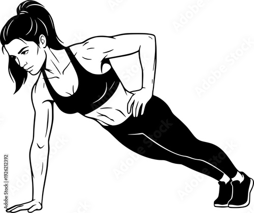 Strong woman performing a side plank exercise. Black and white vector illustration of a female athlete training core stability and bodyweight strength.