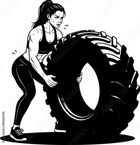 Strong woman performing a heavy tire flip workout. Black and white vector illustration of a determined female athlete in a gym training session.