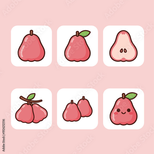 Pink water apple or rose apple fruit icons set including whole fruits halves and a cute blushing character mascot for tropical food and fruit market