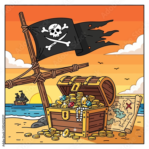 Pirate Treasure Chest with Gold Coins, Jewels, and Jolly Roger Flag at Sunset