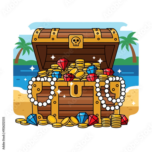 Treasure Chest Overflowing with Gold Coins and Jewels on a Tropical Beach