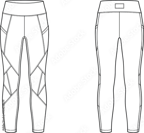 Women sport leggings vector illustration, high waist fitness yoga pants front and back view activewear template