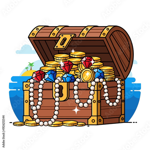 Treasure Chest Overflowing with Gold Coins, Jewels, and Pearls on Tropical Island