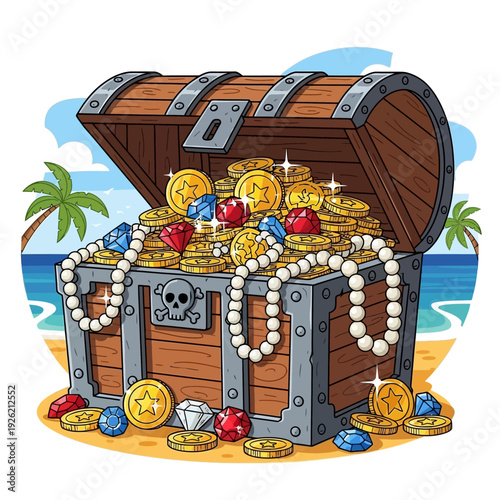 Treasure Chest Overflowing with Gold Coins, Jewels, and Pearls on a Tropical Beach