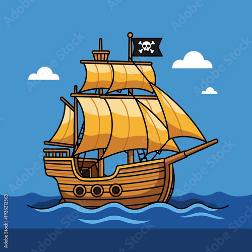Vintage Pirate Ship Sailing on Blue Ocean with Jolly Roger Flag