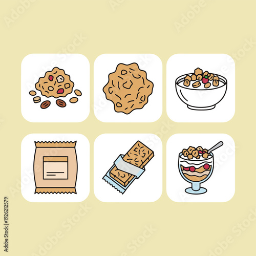 Granola and healthy muesli snack icons set including cereal bars yogurt parfaits bowls and loose clusters for energy breakfast and fitness nutrition