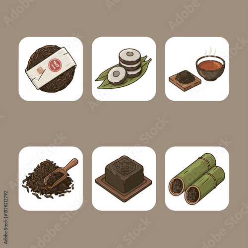 Premium chinese tea set including puerh tea cakes bamboo tea and brewing accessories flat vector illustration for tea ceremony and traditional beverage culture