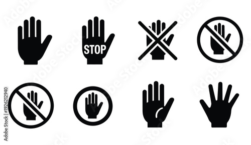 Prohibiting Stop Hand Signs Icon Collection, Editable Vector Graphics Featuring Stop Gestures