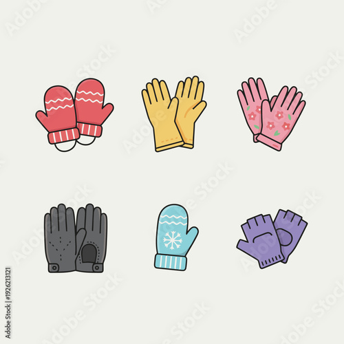 Set of winter gloves and mittens icons showing various styles and patterns including red knits yellow leather pink floral grey utility and blue snowflake designs for cold weather fashion apparel