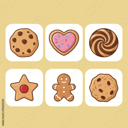 Delicious assorted cookies and biscuits icons set featuring chocolate chip gingerbread man heart and star shapes for bakery and snack promotion