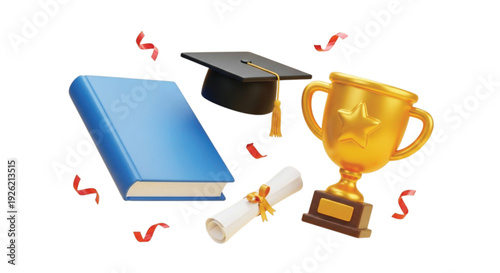 A blue book, graduation cap, diploma, and gold trophy with red ribbons convey achievement and celebration of academic success on a white background.