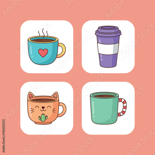 Cute assorted coffee mugs and tea cups icons set including a cat face design heart pattern and travel cup for cafe and breakfast