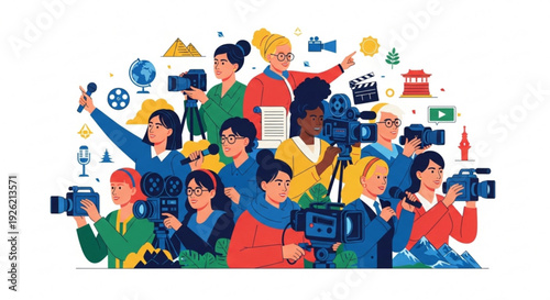 Diverse group of journalists and photographers with various cameras and equipment