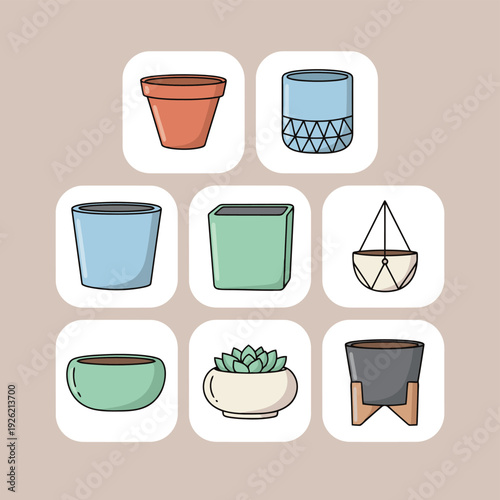 Decorative empty flower pots and ceramic planters collection in different shapes and styles for gardening landscaping and indoor botanical home decoration elements