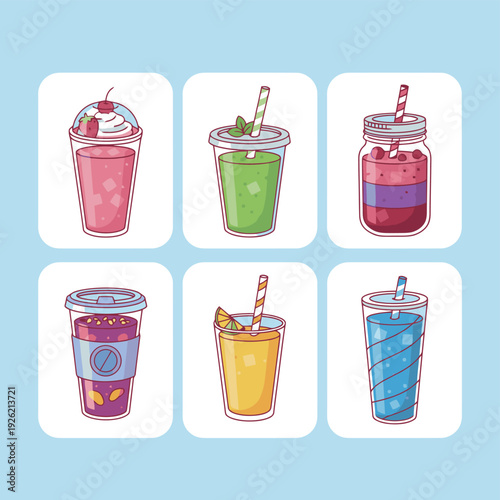 Refreshing summer drinks and smoothies in plastic cups and glass jars with straws and fruit garnishes for cafe menu healthy lifestyle and party beverages