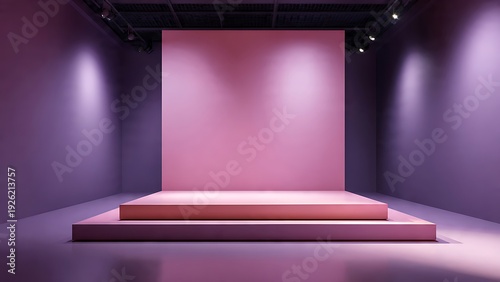 Modern minimalist empty display stage with pink platforms and purple walls for product showcase.