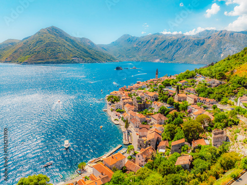 Konstfotografi Historic town of Perast at famous Bay of Kotor in summer, Montenegro near Our La