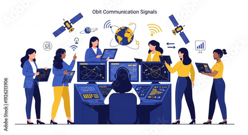 Team of diverse professionals working with technology for orbit communication signals in a modern office setting with screens and satellites