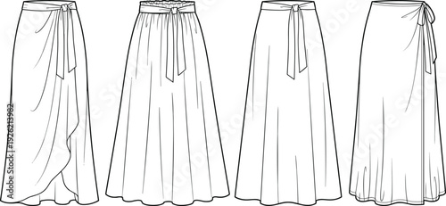 Women maxi wrap skirt vector illustration, long flowing high waist tie belt summer fashion template collection