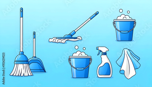 Cleaning supplies and tools arranged neatly on a blue background for household chores and maintenance tasks illustration viewpoint