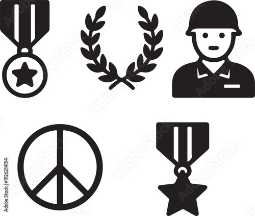 Military icon set medals, laurel wreath, soldier, peace sign, star award silhouette vector design