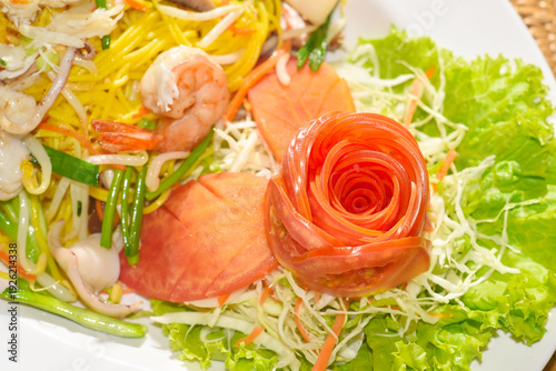 Chinese-styled fried noodle close up shot