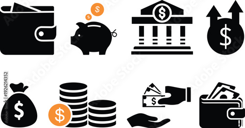 Vector business and finance icon set with money, bank, piggy, credit, exchange, graph, deposit, calculator, web, law, dollar, euro, coin, card, currency, handshake and more isolated silhouette symbol.