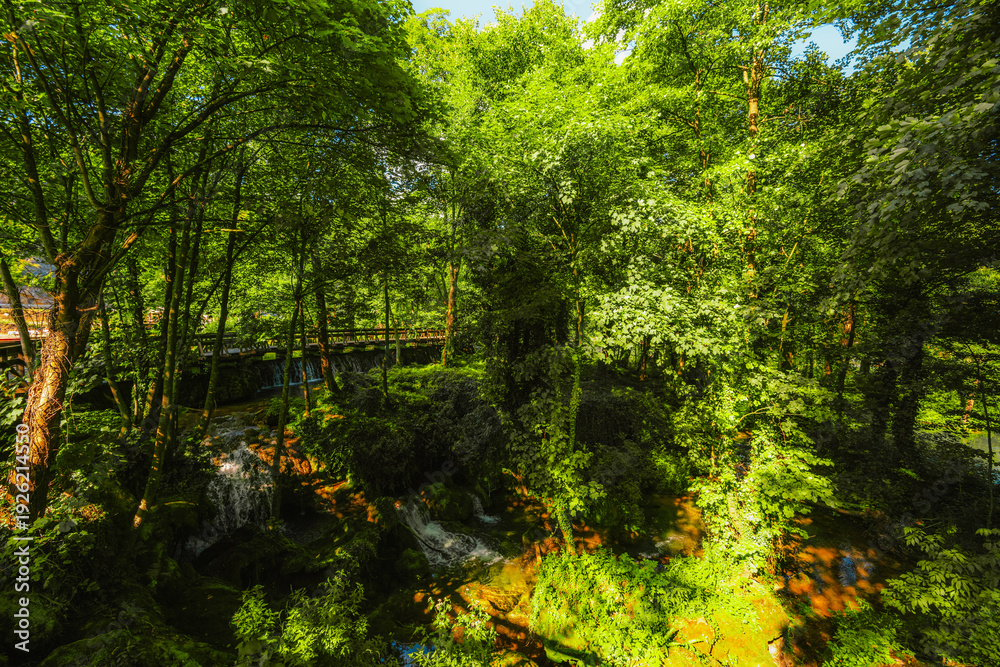 Obraz premium Wooden bridge over the emerald waters of Plivsko Lake, known as the 