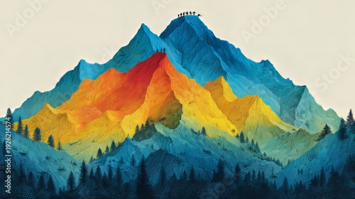 People of many backgrounds climb a rainbow‑hued mountain top, embodying cooperation, joint effort, and shared success