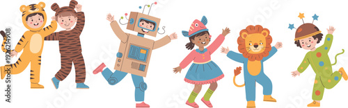 Children costumes, playful kids, tiger bear, robot bird, lion clown, party vector, joyful illustration, school event, Halloween clipart, fun design