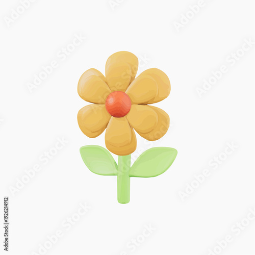 Vibrant yellow flower with green leaves and red center