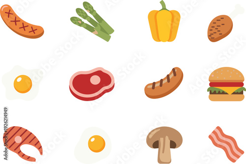 Cartoon food icon set with meat vegetables egg burger bacon salmon, flat vector illustration isolated on white