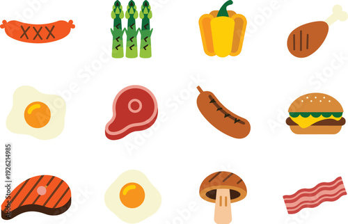 Cartoon food icons collection with meat vegetables egg burger bacon salmon, flat vector illustration isolated on white background